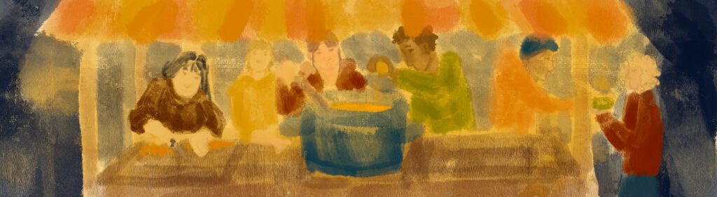 Mehrere Menschen, jung und alt, bereiten in einem Unterstand einen großen Topf Suppe vor und verteilen bereits eine Portion. Es ist noch dunkel. 